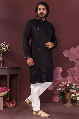 Black smart silk embroidery party wear kurta and payjama