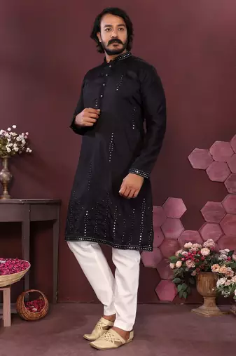 Black smart silk embroidery party wear kurta and payjama