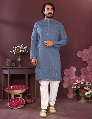 Grey smart silk embroidery party wear kurta and payjama 1