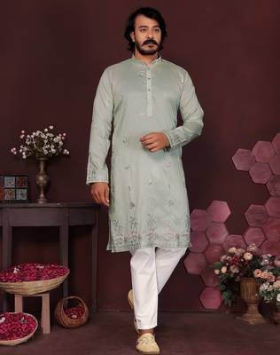 Green smart silk embroidery party wear kurta and payjama 1