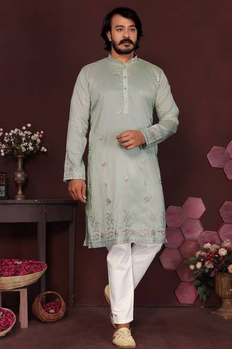 Green smart silk embroidery party wear kurta and payjama