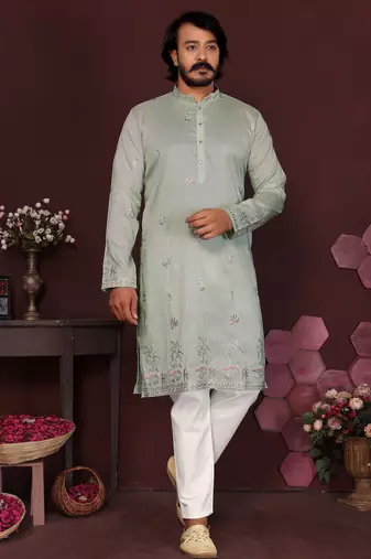 Green smart silk embroidery party wear kurta and payjama