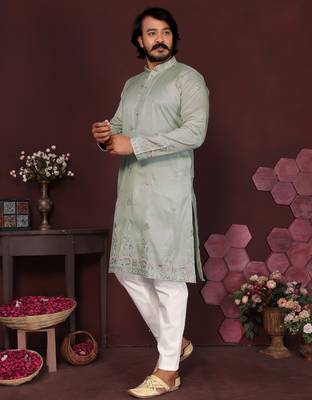 Green smart silk embroidery party wear kurta and payjama 2