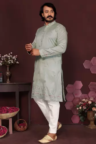 Green smart silk embroidery party wear kurta and payjama
