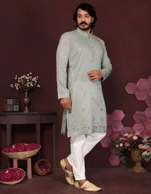 Green smart silk embroidery party wear kurta and payjama 3