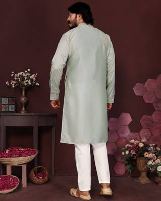Green smart silk embroidery party wear kurta and payjama 4