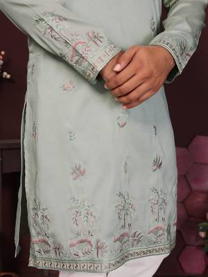 Green smart silk embroidery party wear kurta and payjama 5