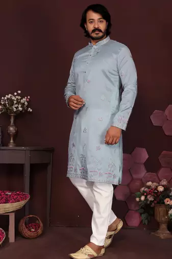 Grey smart silk embroidery party wear kurta and payjama