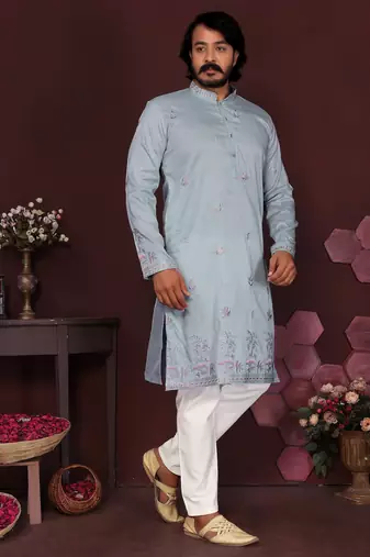 Grey smart silk embroidery party wear kurta and payjama