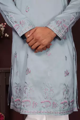Grey smart silk embroidery party wear kurta and payjama