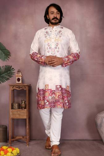 Maroon kahdi cotton embroidery print party wear kurta and payjama