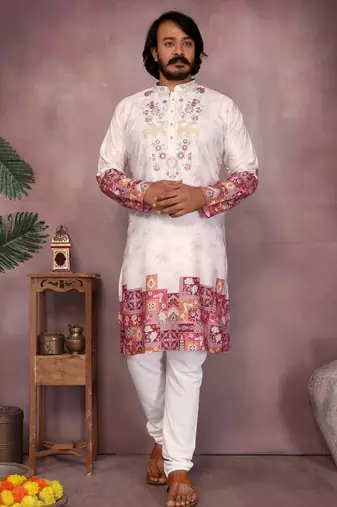Maroon kahdi cotton embroidery print party wear kurta and payjama