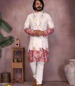 Maroon kahdi cotton embroidery print party wear kurta and payjama
