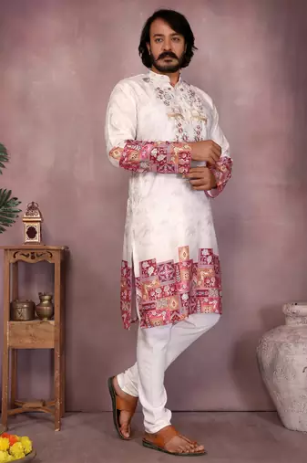Maroon kahdi cotton embroidery print party wear kurta and payjama
