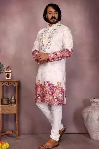 Maroon kahdi cotton embroidery print party wear kurta and payjama