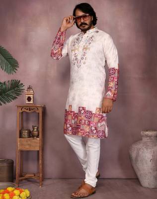 Maroon kahdi cotton embroidery print party wear kurta and payjama 4