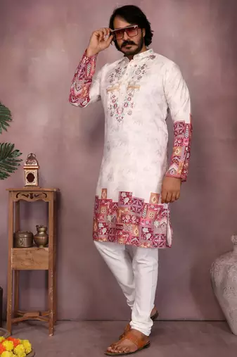 Maroon kahdi cotton embroidery print party wear kurta and payjama