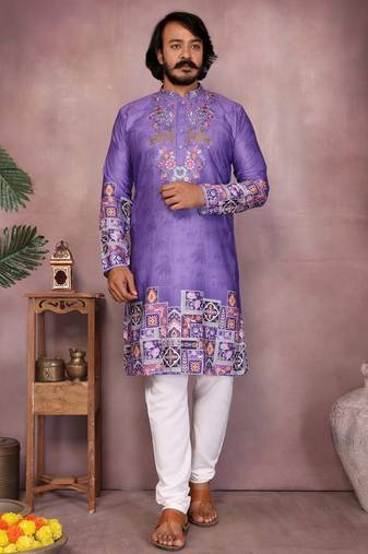 Purple kahdi cotton embroidery print party wear kurta and payjama