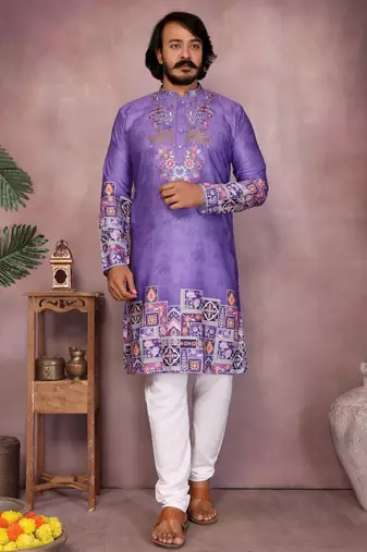 Purple kahdi cotton embroidery print party wear kurta and payjama