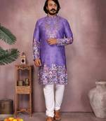 Purple kahdi cotton embroidery print party wear kurta and payjama
