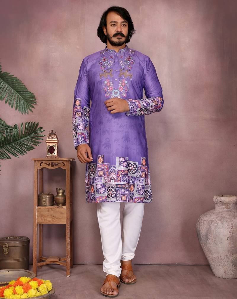 Purple kahdi cotton embroidery print party wear kurta and payjama