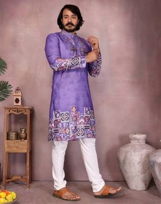 Purple kahdi cotton embroidery print party wear kurta and payjama 2