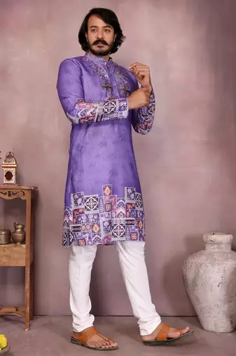 Purple kahdi cotton embroidery print party wear kurta and payjama