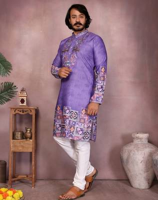 Purple kahdi cotton embroidery print party wear kurta and payjama 3