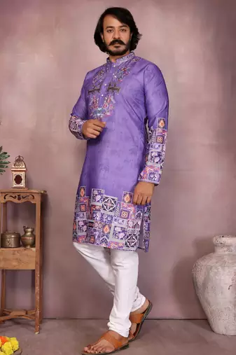 Purple kahdi cotton embroidery print party wear kurta and payjama