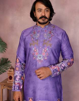 Purple kahdi cotton embroidery print party wear kurta and payjama 4