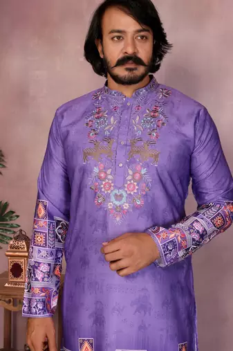 Purple kahdi cotton embroidery print party wear kurta and payjama