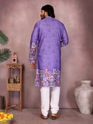 Purple kahdi cotton embroidery print party wear kurta and payjama 5
