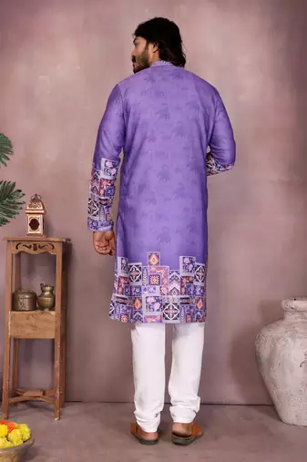 Purple kahdi cotton embroidery print party wear kurta and payjama
