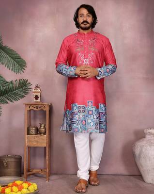 Red kahdi cotton embroidery print party wear kurta and payjama 1