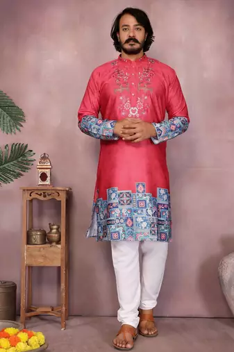 Red kahdi cotton embroidery print party wear kurta and payjama