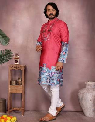 Red kahdi cotton embroidery print party wear kurta and payjama 2