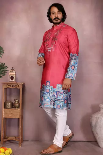 Red kahdi cotton embroidery print party wear kurta and payjama