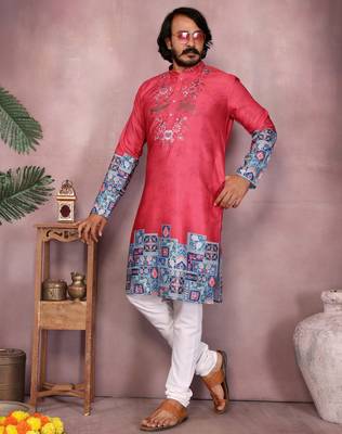 Red kahdi cotton embroidery print party wear kurta and payjama 3