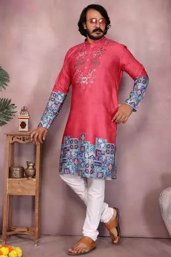 Red kahdi cotton embroidery print party wear kurta and payjama