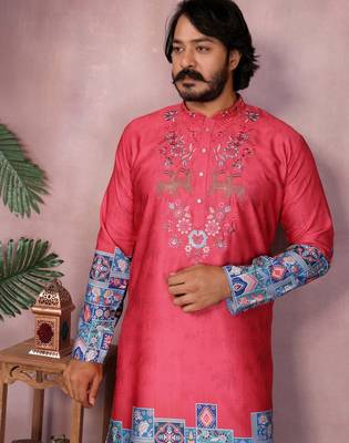 Red kahdi cotton embroidery print party wear kurta and payjama 4