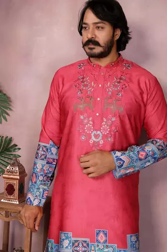 Red kahdi cotton embroidery print party wear kurta and payjama