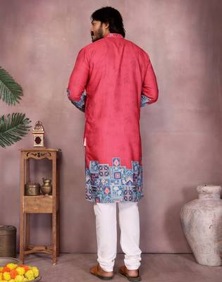 Red kahdi cotton embroidery print party wear kurta and payjama 5