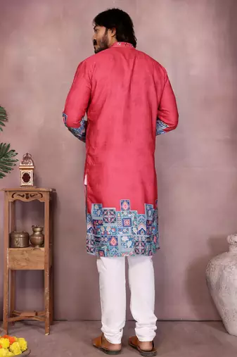 Red kahdi cotton embroidery print party wear kurta and payjama