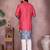 Red kahdi cotton embroidery print party wear kurta and payjama