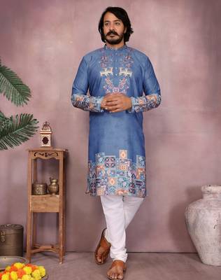 Blue kahdi cotton embroidery print party wear kurta and payjama 1