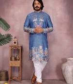 Blue kahdi cotton embroidery print party wear kurta and payjama