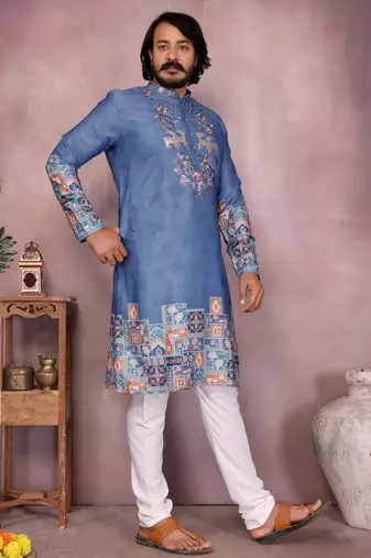 Blue kahdi cotton embroidery print party wear kurta and payjama