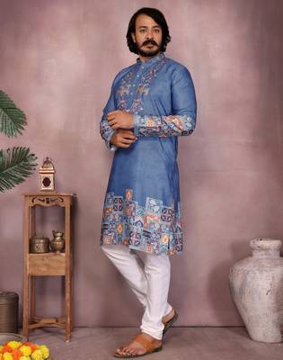Blue kahdi cotton embroidery print party wear kurta and payjama 3