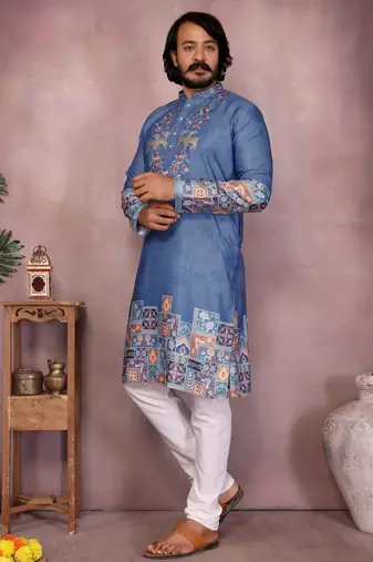 Blue kahdi cotton embroidery print party wear kurta and payjama
