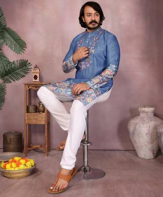 Blue kahdi cotton embroidery print party wear kurta and payjama 4